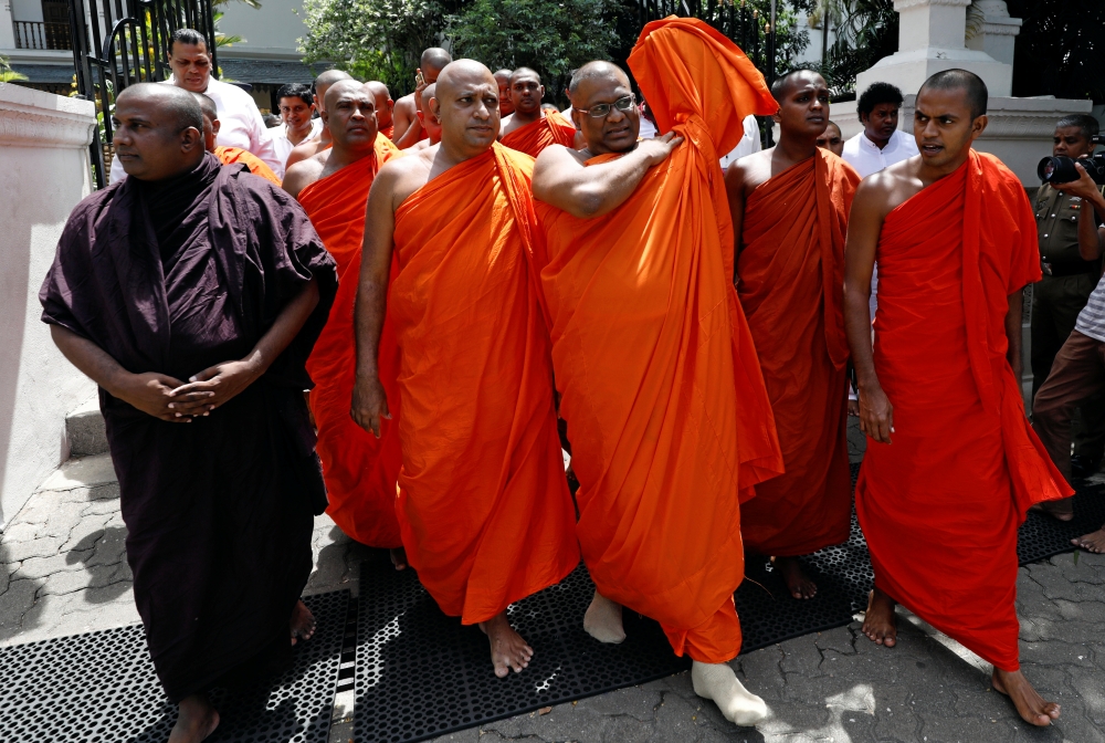 Galagoda Aththe Gnanasara Thero (center), head of the hardline Bodu Bala Sena (BBS) or 