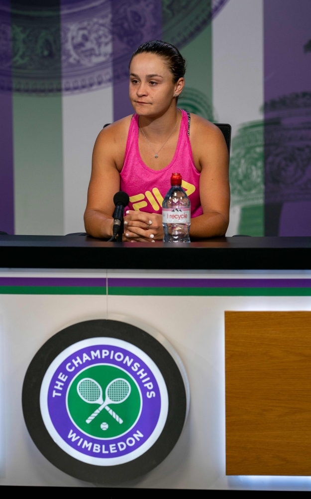 Australia's Ashleigh Barty speaks during a press conference after losing her women's singles fourth round match to US player Alison Riske on the seventh day of the 2019 Wimbledon Championships at The All England Lawn Tennis Club in Wimbledon, southwest London, on Monday. — AFP