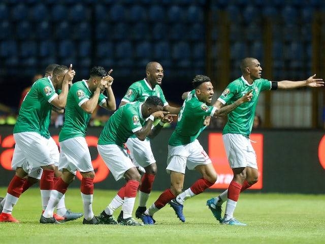 Anicet Abel celebrates their first goal with teammates in Africa Cup of Nations Cup game, in this 22 June 2019 file photo. — Courtesy photo