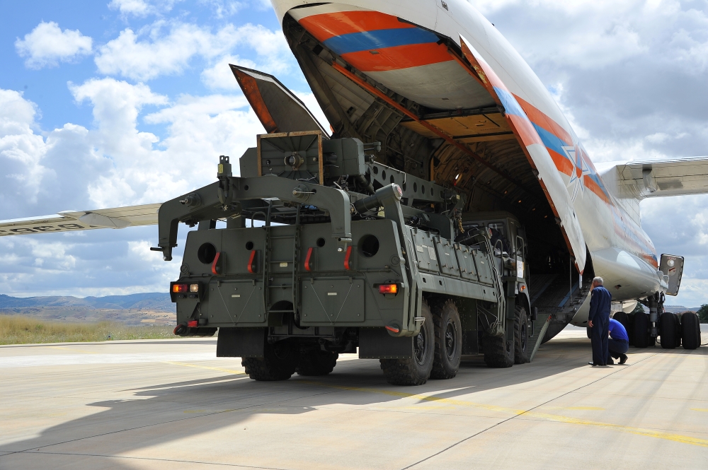 First parts of a Russian S-400 missile defense system are unloaded from a Russian plane at Murted Airport, known as Akinci Air Base, near Ankara, Turkey, on Friday. -Reuters