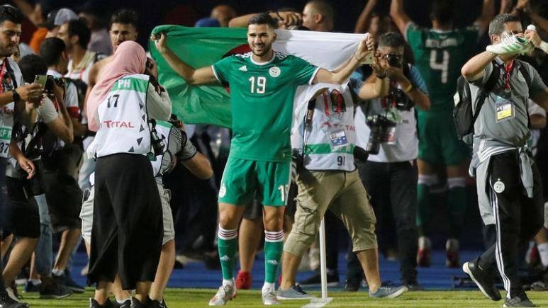 Algeria's Mehdi Abeid celebrates after the Cup of Nations 2019 quarterfinal match against Ivory Coast at Suez Stadium, Suez, Egypt, on Thursday. — Reuters