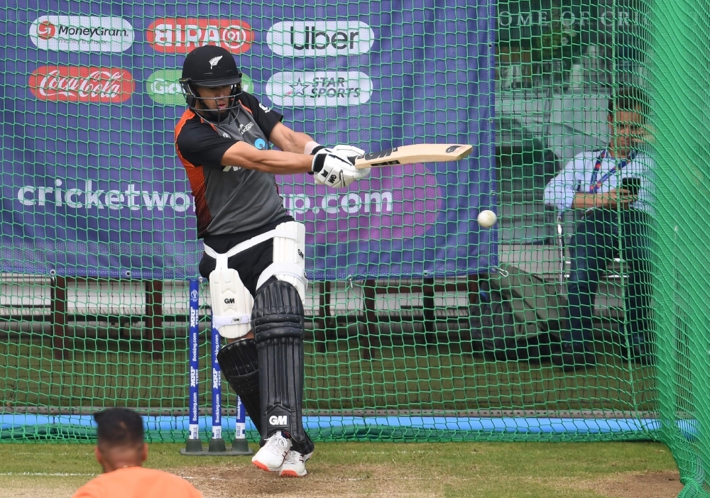 New Zealand's Ross Taylor bats in the nets as he takes part in a training session at Lord's Cricket Ground in London on Saturday, ahead of the 2019 Cricket World Cup final against England. — AFP