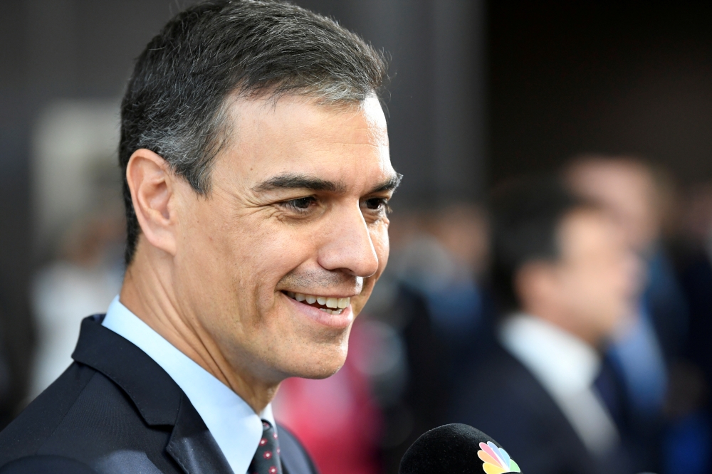 Spain’s Prime Minister Pedro Sanchez speaks to media as he arrives to take part in a European Union leaders summit, in Brussels, Belgium, in this July 2, 2019 file photo. — Reuters