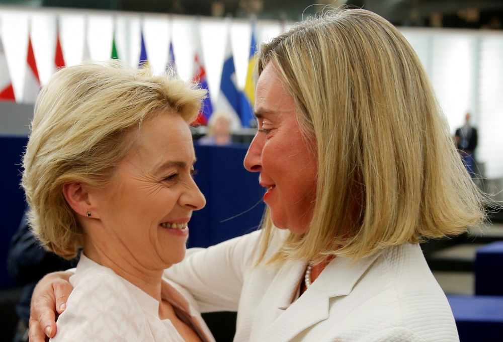 Elected European Commission President Ursula von der Leyen is congratulated by European Union High Representative for Foreign Affairs and Security Policy Federica Mogherini after a vote on her election at the European Parliament in Strasbourg, France, on Tuesday. — Reuters