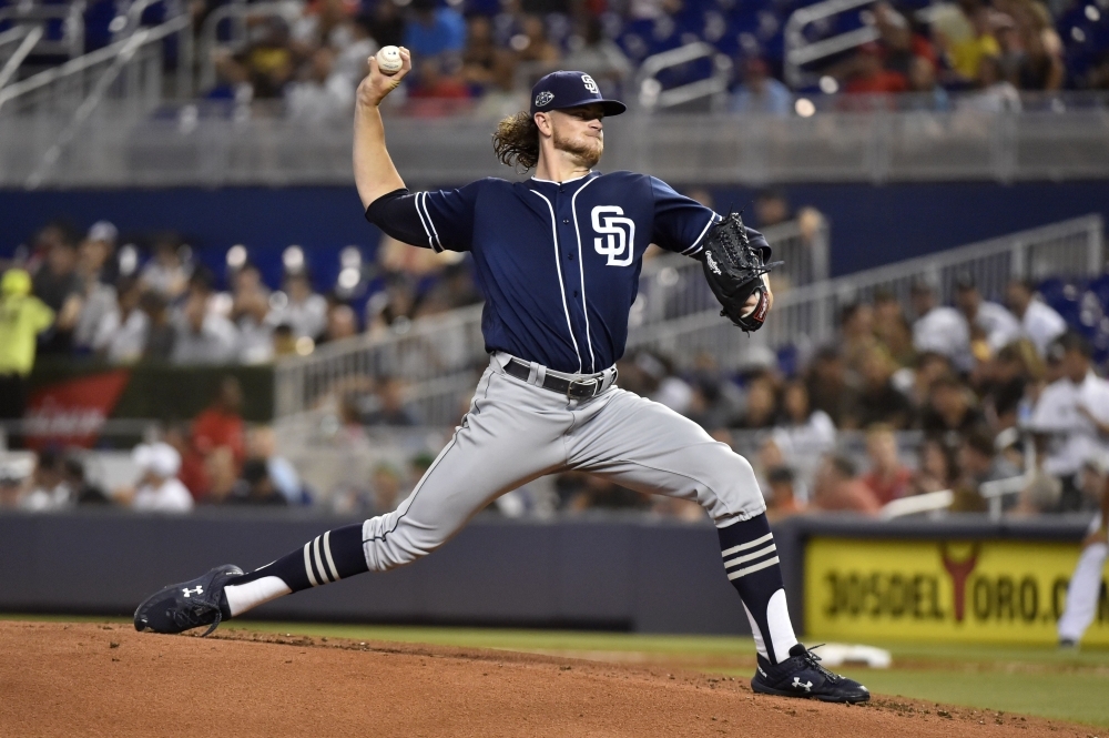 Chris Paddack No. 59 of the San Diego Padres throws a pitch during the game against the Miami Marlins at Marlins Park on Wednesday in Miami, Florida. — AFP