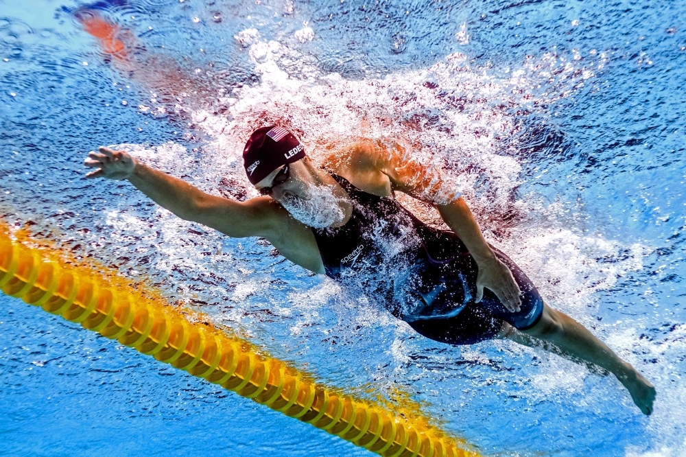 This file photo taken on July 29, 2017 shows US Katie Ledecky competing in the women's 800m freestyle final during the swimming competition at the 2017 FINA World Championships in Budapest. — AFP