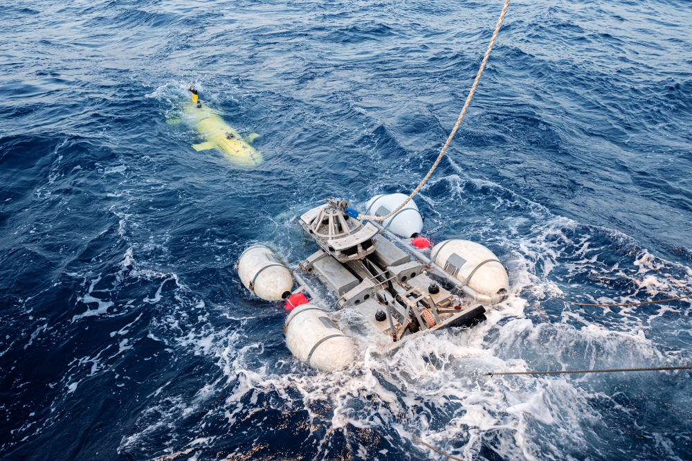 The AsterX submarine drone returns on board the Antea research vessel during the second phase of the search for the wreckage of the Minerve submarine, in this image provided by the Marine Nationale on Monday. — Reuters