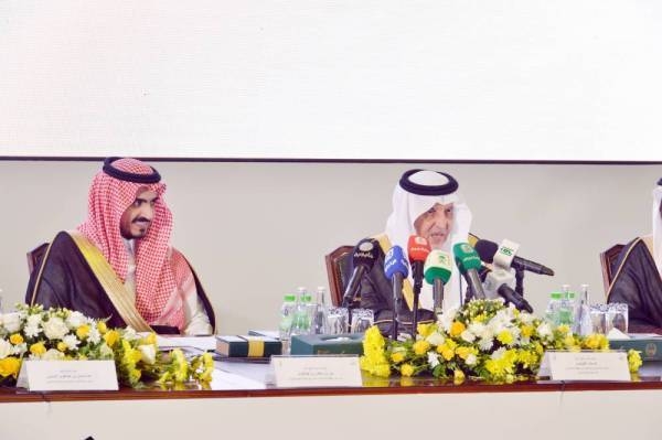 Emir of Makkah Province, adviser to Custodian of the Two Holy Mosques and Chairman of the Central Haj Committee Prince Khaled Al-Faisal announces the launching of the 12th edition of the awareness media campaign “Haj is worship and civilized conduct” under the motto “Haj is a message of peace” during a press conference in Makkah on Tuesday. — SPA