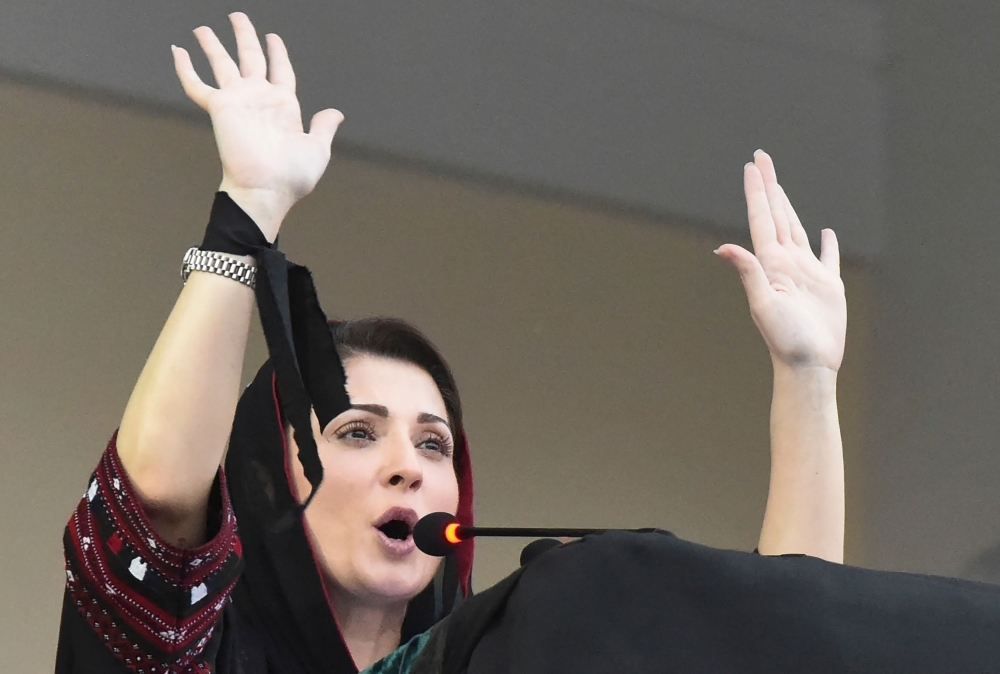 Maryam Nawaz, daughter of jailed former Pakistani Prime Minister Nawaz Sharif, addresses the gathering during an anti-Imran Khan protest rally in Quetta on Thursday. — Reuters