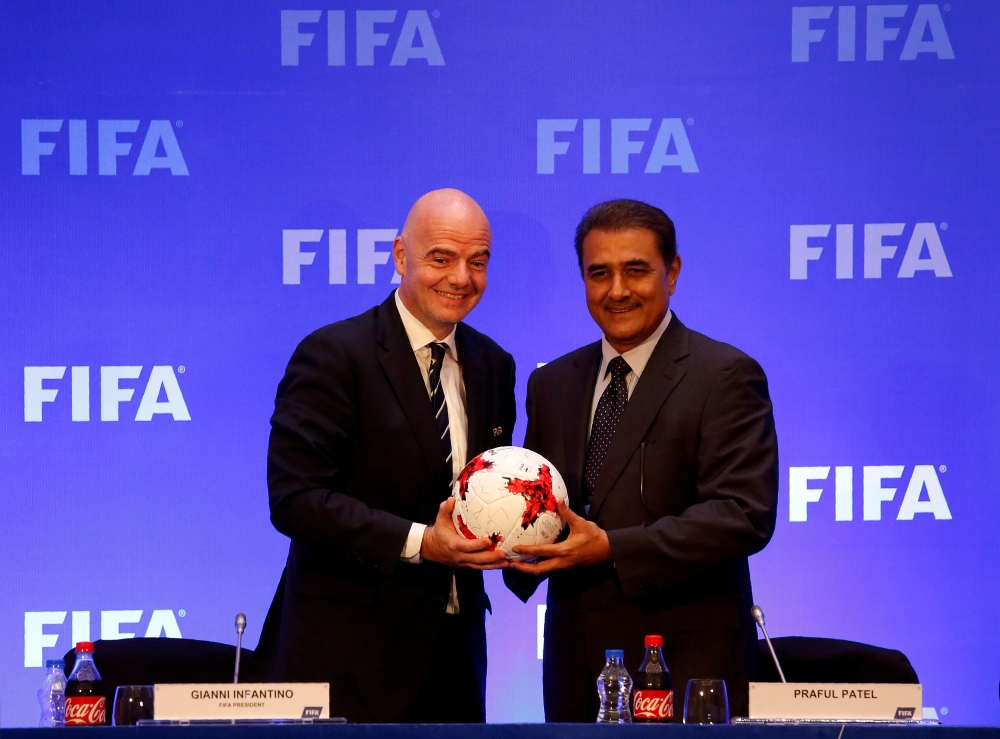 FIFA President Gianni Infantino and All India Football Federation (AIFF) President Praful Patel pose at a news conference after a FIFA Council meeting in Kolkata, India, in this Oct. 27, 2017, file photo. — Reuters