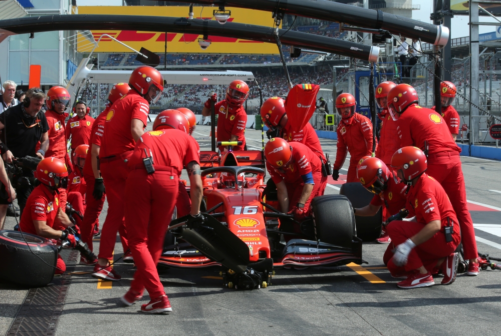 Ferrari's Charles Leclerc makes a pit stop during practice for the Formula One German Grand Prix race at the Hockenheimring, Hockenheim, Germany, on Friday. — Reuters