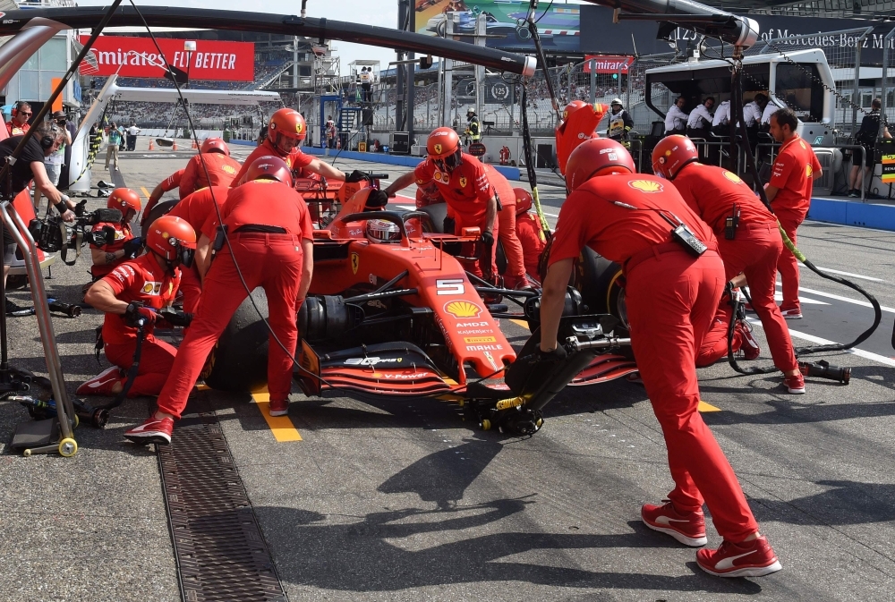 Ferrari's Charles Leclerc makes a pit stop during practice for the Formula One German Grand Prix race at the Hockenheimring, Hockenheim, Germany, on Friday. — Reuters