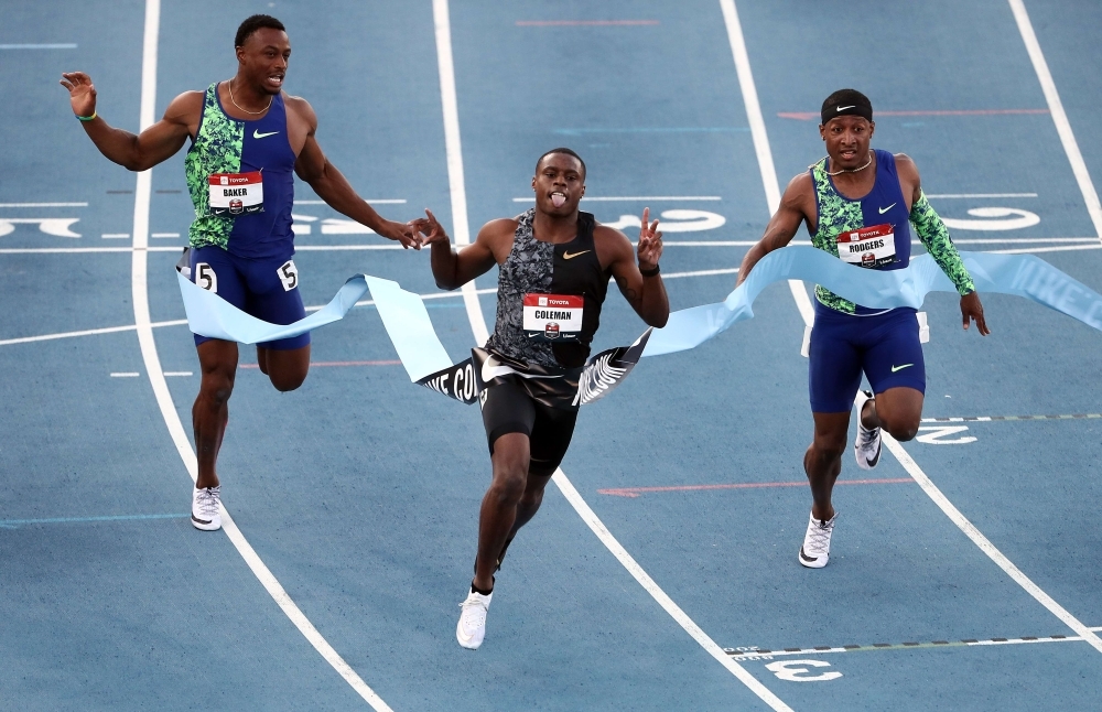 Christian Coleman crosses the finish line to win the men's 100-meter final during the 2019 USATF Outdoor Championships at Drake Stadium in Des Moines, Iowa, on Thursday. — AFP