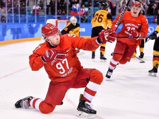 In this file photo, Russia forward Nikita Gusev (97) celebrates after scoring a goal against Germany during the third period in the men's ice hockey gold medal match during the Pyeongchang 2018 Olympic Winter Games at Gangneung Hockey Center. — Courtesy photo