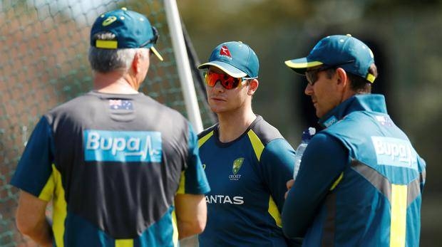 (L-R) Former Australia captain Steve Waugh, Steve Smith and head coach Justin Langer during a nets session on Monday. — Reuters