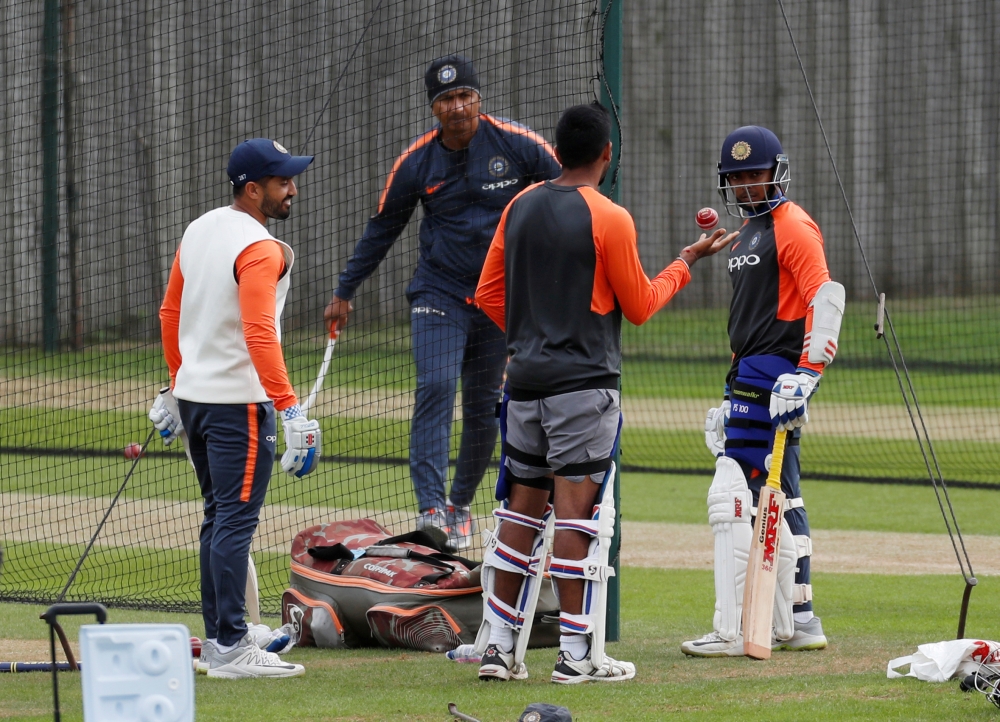 India's Prithvi Shaw (R) with teammates during nets at Ageas Bowl, West End, Britain, in this Aug. 28, 2018 file photo. — Reuters