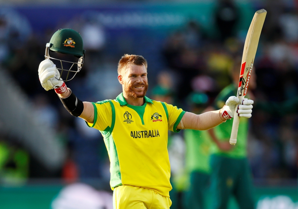 Australia's David Warner celebrates reaching his century      against South Africa during World Cup at Old Trafford, Manchester, Britain, in this July 6, 2019 file photo. — Reuters