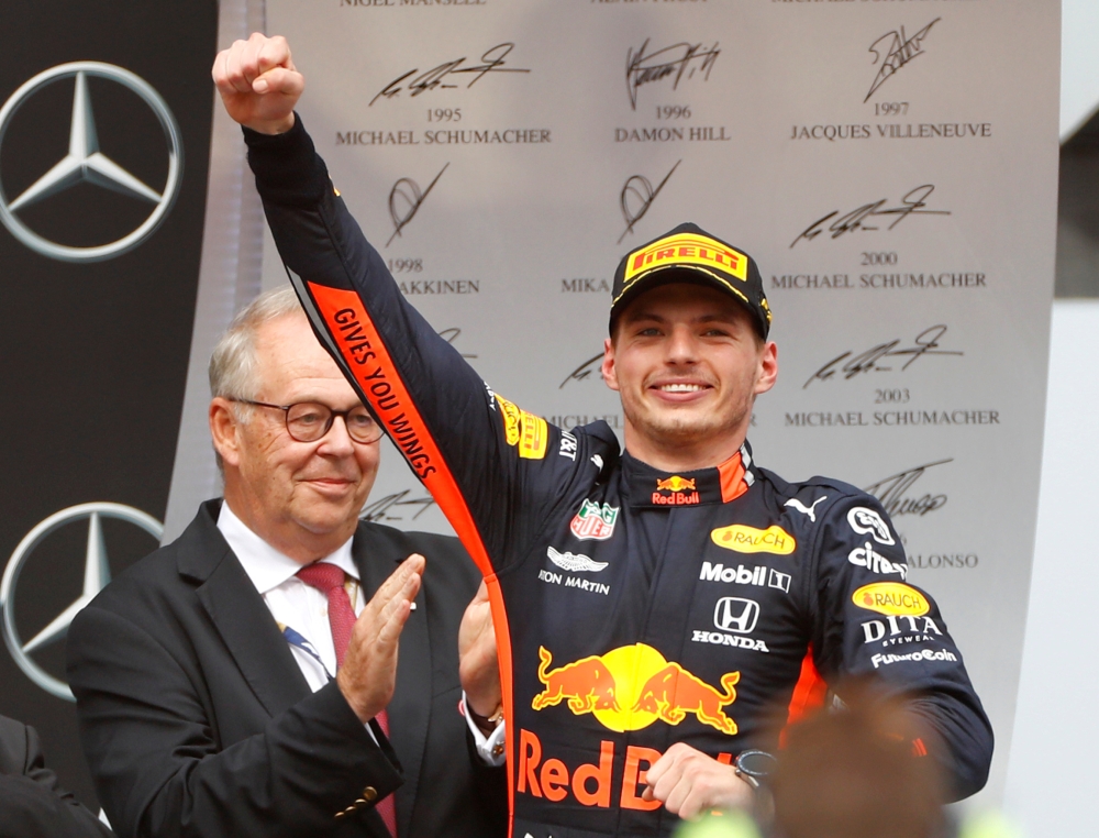 Red Bull's Max Verstappen celebrates on the podium after winning the Grand Prix race at Hockenheimring, Hockenheim, Germany, in this July 28, 2019 file photo. — Reuters