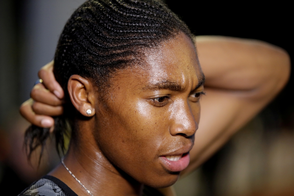 South African athlete Caster Semenya speaks with journalists after she raced during a 2,000 meters for the first time after her ban due to elevated testosterone levels, at a small meeting in Montreuil, near Paris, France, in this June 11, 2019 file photo. — Reuters