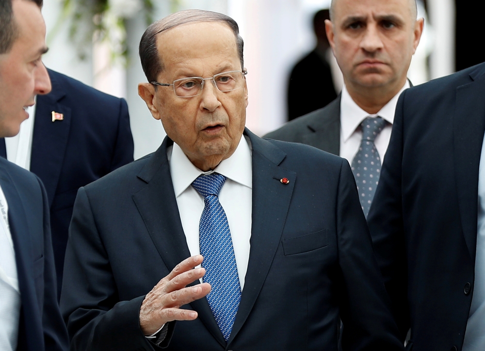 Lebanese President Michel Aoun, gestures upon his arrival at Tunis-Carthage International Airport to attend the Arab Summit, in Tunis, Tunisia, in this March 30, 2019 file photo. — Reuters