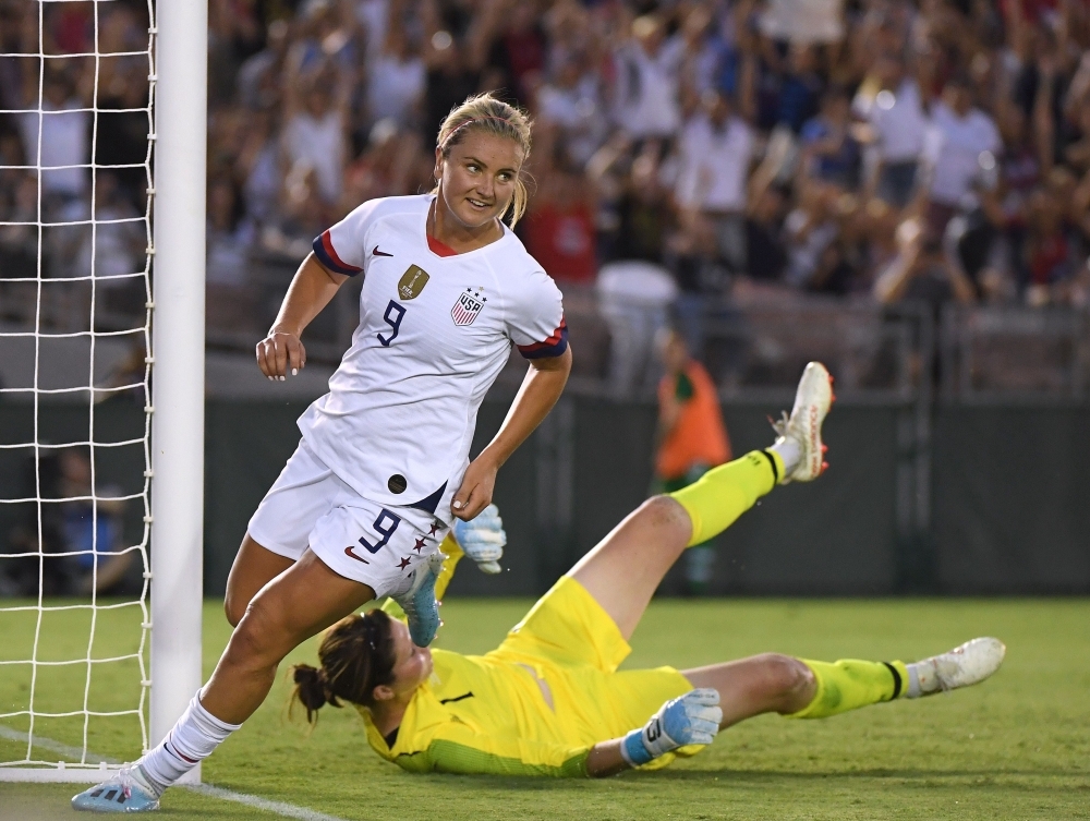 Lindsey Horan of the United States reacts to her goal past Marie Hourihan of The Republic of Ireland, to take a 2-0 lead, during the first half of the first game of the USWNT Victory Tour at Rose Bowl in Pasadena, California, on Saturday. — AFP