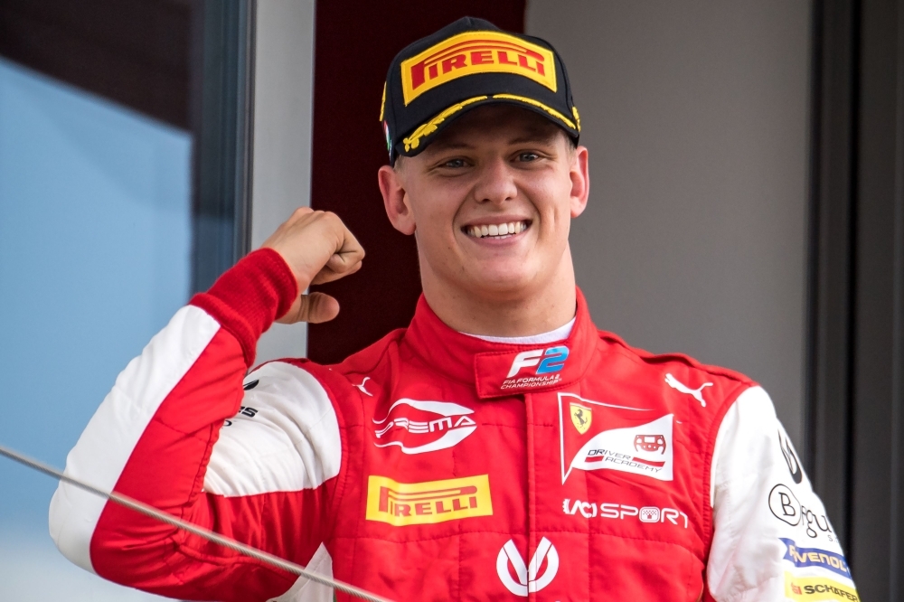 Prema Racing's German driver Mick Schumacher celebrates after winning the Formula Two championship race of the Hungarian Grand Prix at the Hungaroring circuit in Mogyorod near Budapest, Hungary, on Sunday. — AFP