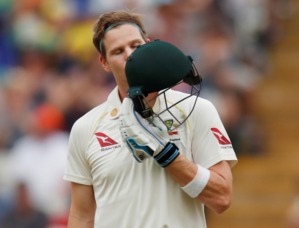 Australia's Steve Smith celebrates his century in the second innings of the first Test against England at Edgbaston, Birmingham, on Sunday. — Reuters