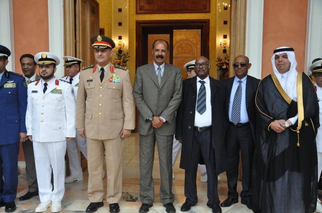 Eritrean President Isaias Afwerki, fourth left, is seen with Lt. Gen. Fahd Bin Turki Bin Abdulaziz, the commander of joint forces, third left, in Asmara. — SPA