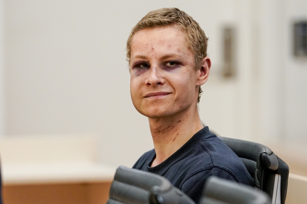Terror suspected Philip Manshaus attends a hearing at a courthouse in Oslo, Norway, on Monday. — AFP