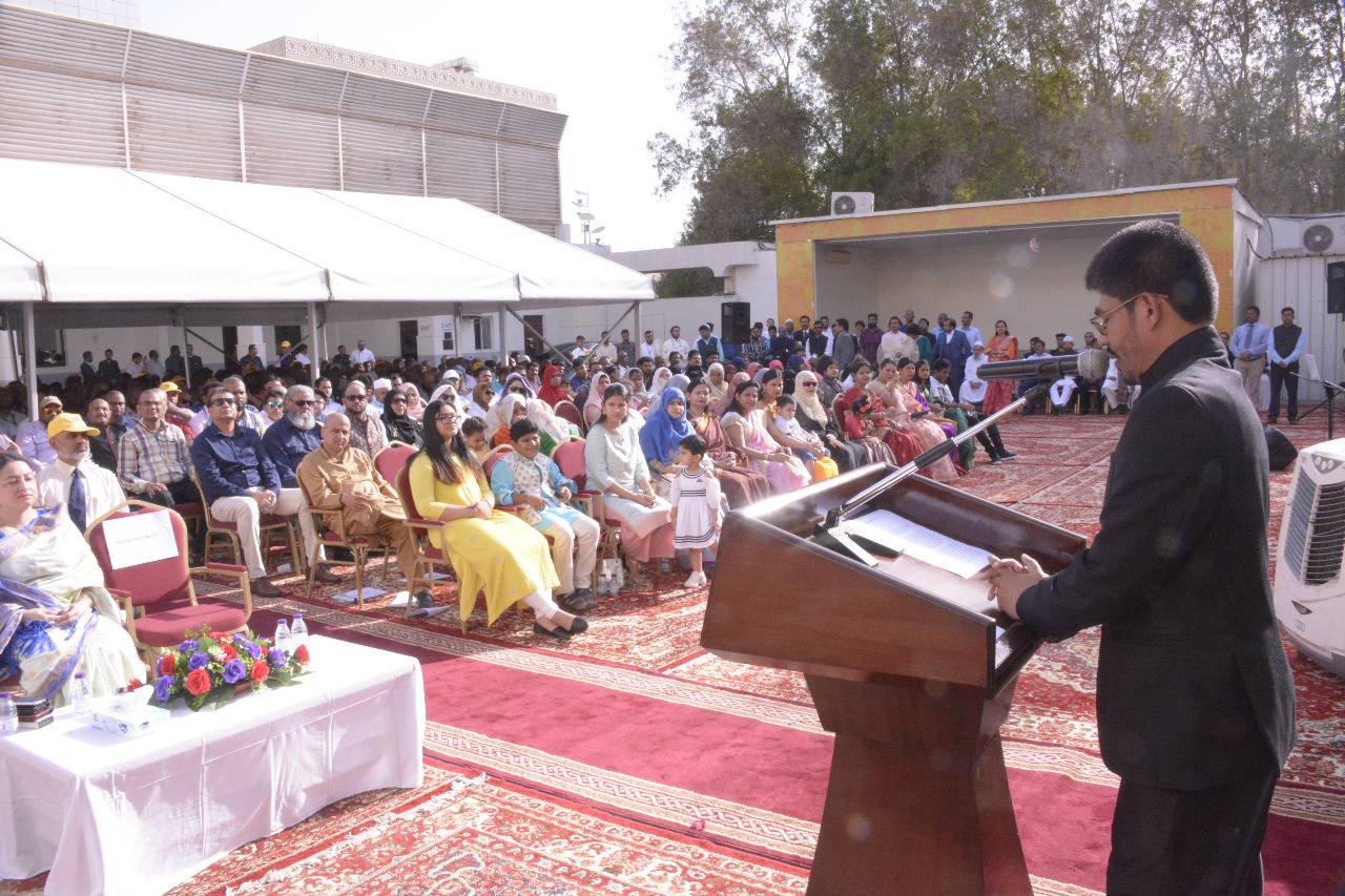 Ambassador Dr. Ausaf Sayeed addresses the audience at the flag hoisting ceremony at the Indian Embassy in Riyadh. — Courtesy photo