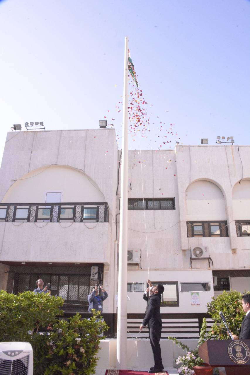 Ambassador Dr. Ausaf Sayeed addresses the audience at the flag hoisting ceremony at the Indian Embassy in Riyadh. — Courtesy photo