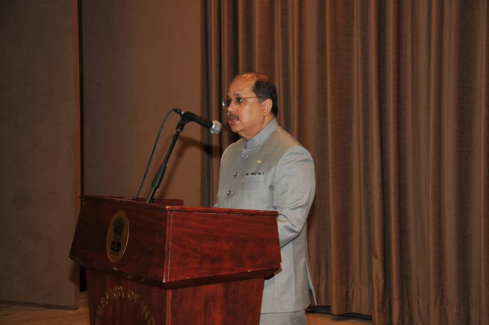 Ambassador Dr. Ausaf Sayeed addresses the audience at the flag hoisting ceremony at the Indian Embassy in Riyadh. — Courtesy photo