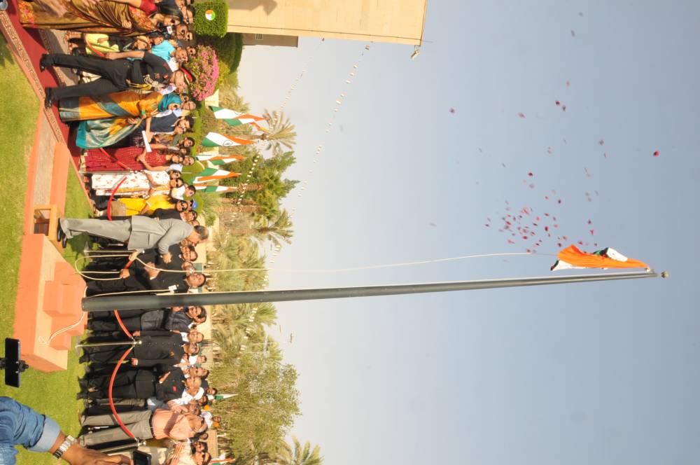 Ambassador Dr. Ausaf Sayeed addresses the audience at the flag hoisting ceremony at the Indian Embassy in Riyadh. — Courtesy photo