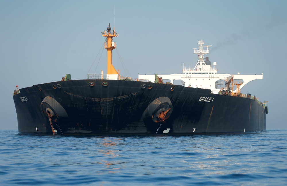 Iranian oil tanker Grace 1 sits anchored awaiting a court ruling Friday on whether it can be freed after it was seized in July by British Royal Marines off the coast of the British Mediterranean territory, in the Strait of Gibraltar. -Reuters