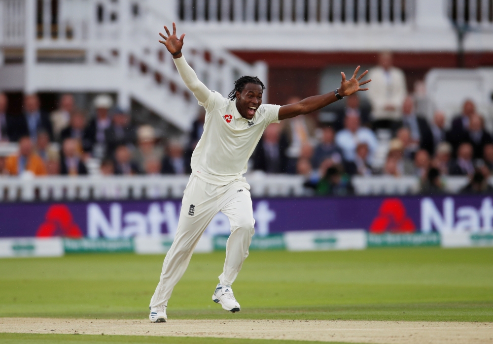 England's Jofra Archer celebrates dismissing Australia's Cameron Bancroft by LBW during second test at Lord's Cricket Ground, London, on Friday. — Reuters