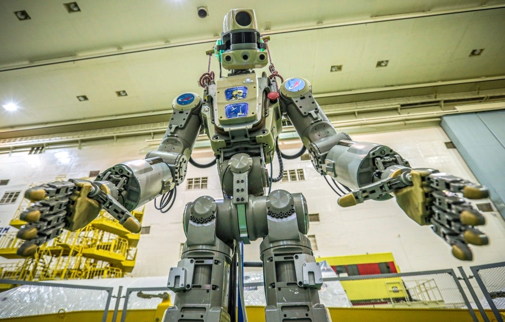 This handout picture taken on July 26, 2019 and released by the official website of the Russian State Space Corporation ROSCOSMOS on Wednesday shows Russian humanoid robot Skybot F-850 (Fedor) being tested ahead of its flight on board Soyuz MS-14 spacecraft at the Baikonur Cosmodrome in Kazakhstan. — AFP