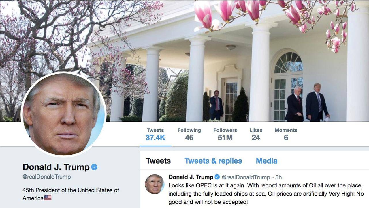 The masthead of U.S. President Donald Trump's @realDonaldTrump Twitter account with a message about OPEC policy is seen on April 20, 2018.  -Reuters