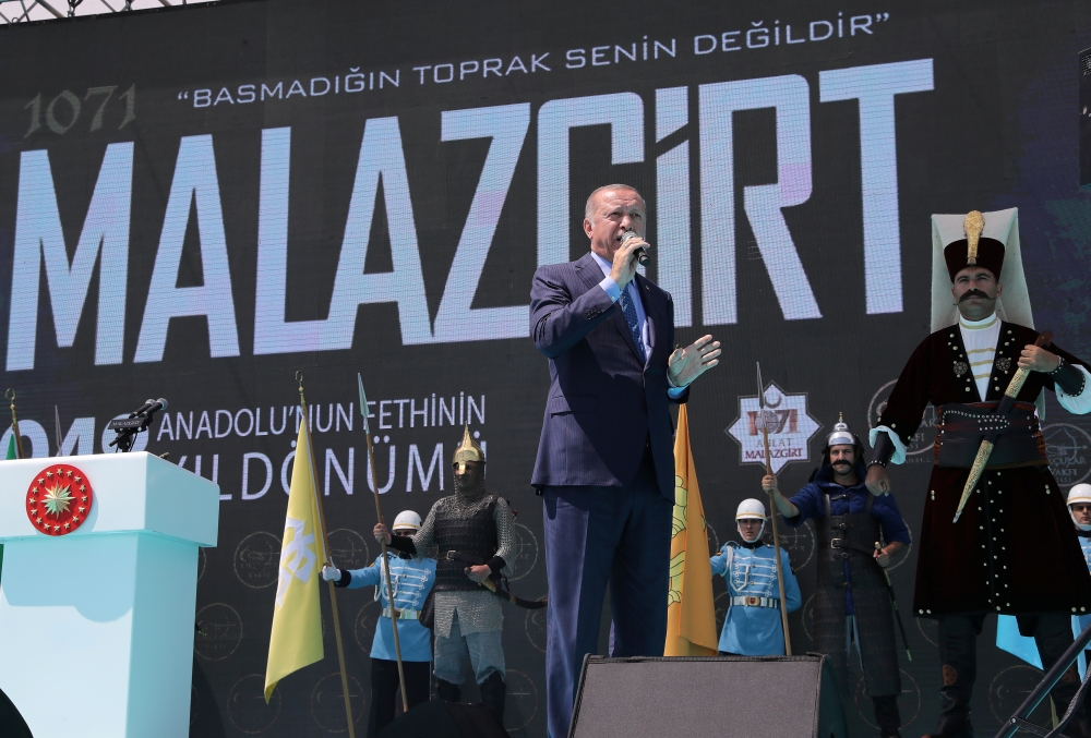 Turkish President Tayyip Erdogan speaks during a ceremony in Malazgirt in Mus province, Turkey, on Monday. — Reuters