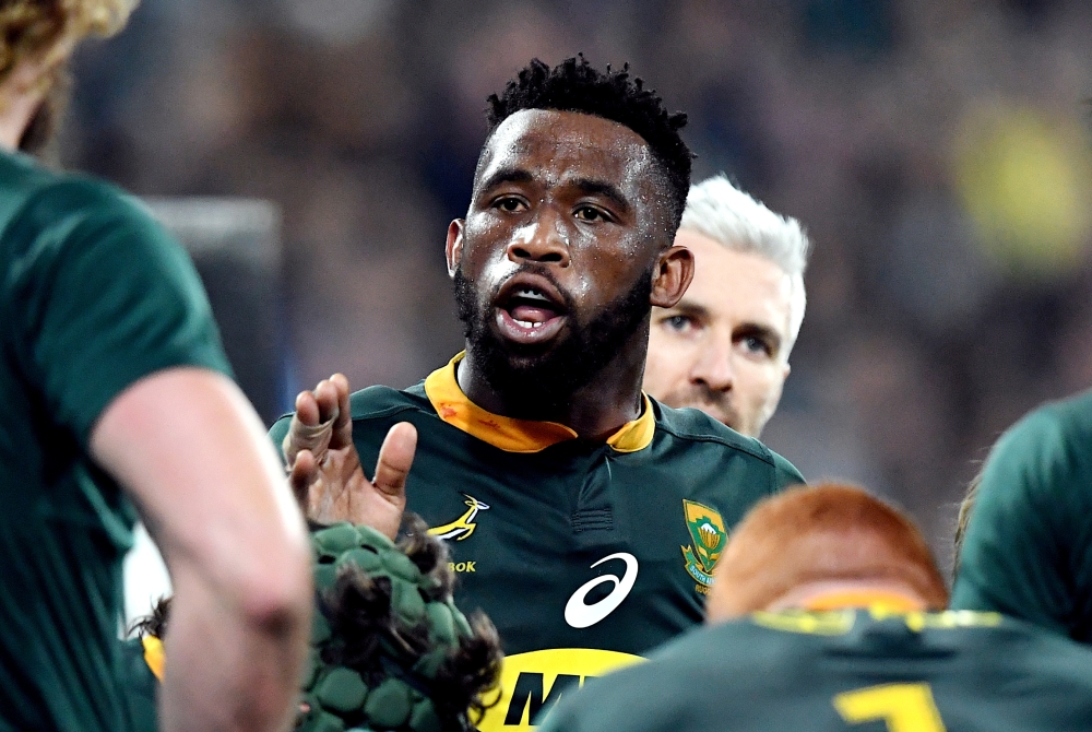 South Africa's captain Siya Kolisi talks with teammates during the Rugby Championship against New Zealand at Wellington Regional Stadium, Wellington, New Zealand in this Sept. 15, 2018 file photo. — Reuters