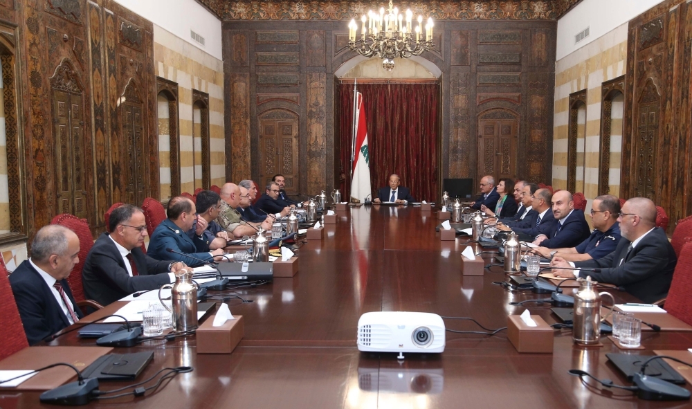 President Michel Aoun, center, heads a meeting of the Higher Defense Council in the historic Beiteddine Palace in Lebanon's Chouf mountains, southeast of the capital Beirut, on Tuesday. — AFP