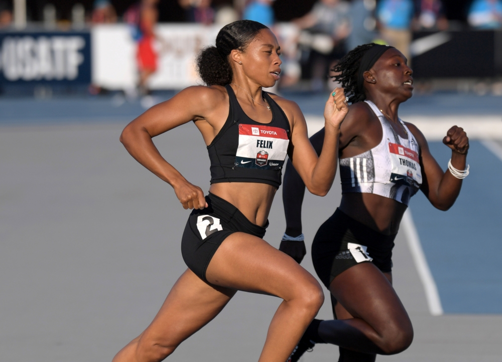 Allyson Felix (left) and Brionna Thomas run in a women's 400m semifinal during the USATF Championships at Drake Stadium in this Jul 26, 2019 photo. Felix finished third in 51.45 to advance to the final in her first competition since giving birth to her daughter Camryn Ferguson on Nov. 28, 2018. — Reuters