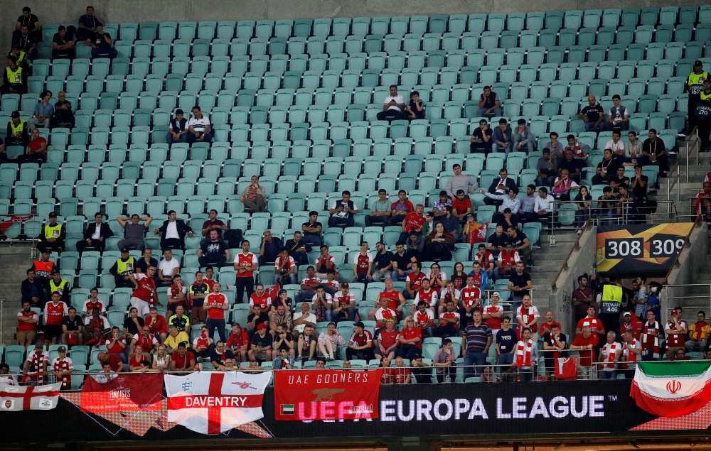 Arsenal fans with empty seats during the Europa League Final match against Chelsea at the Baku Olympic Stadium, Baku, Azerbaijan on May 29, 2019. — Reuters