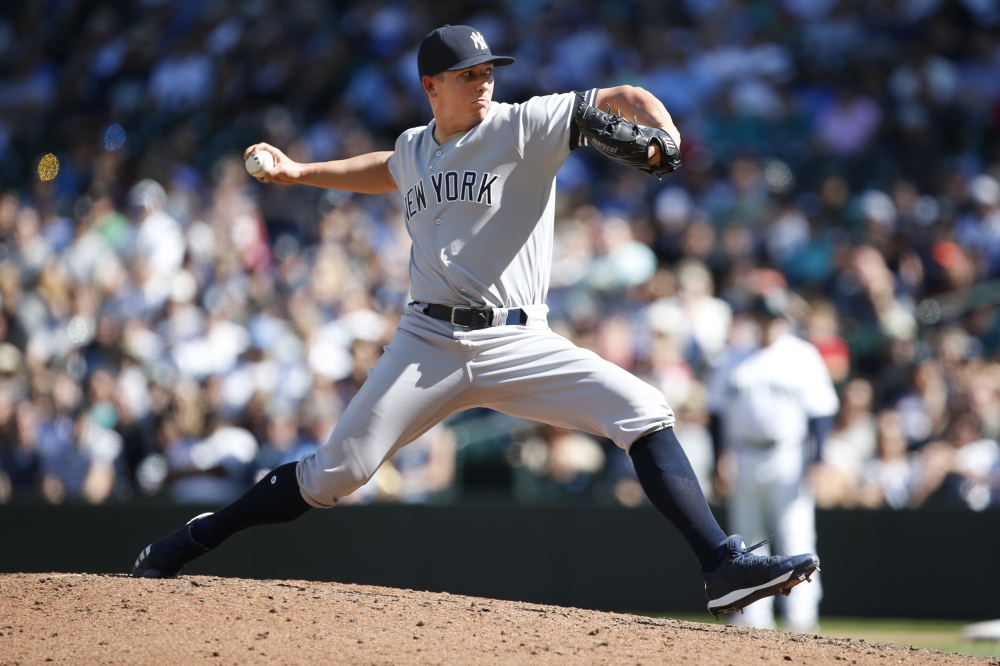 New York Yankees relief pitcher Chad Green (57) throws against the Seattle Mariners during the sixth inning at T-Mobile Park in Seattle, Washington, on Wednesday. — Reuters