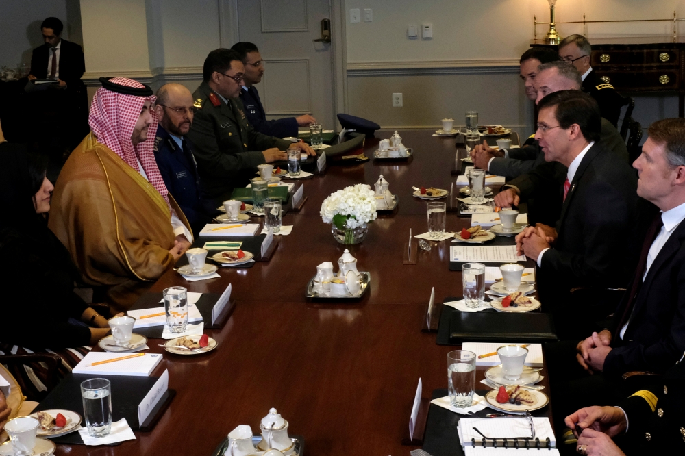 Saudi Arabia's Deputy Defense Minister Prince Khalid bin Salman meets with U.S. Defense Secretary Mark Esper at the Pentagon in Washington. REUTERS