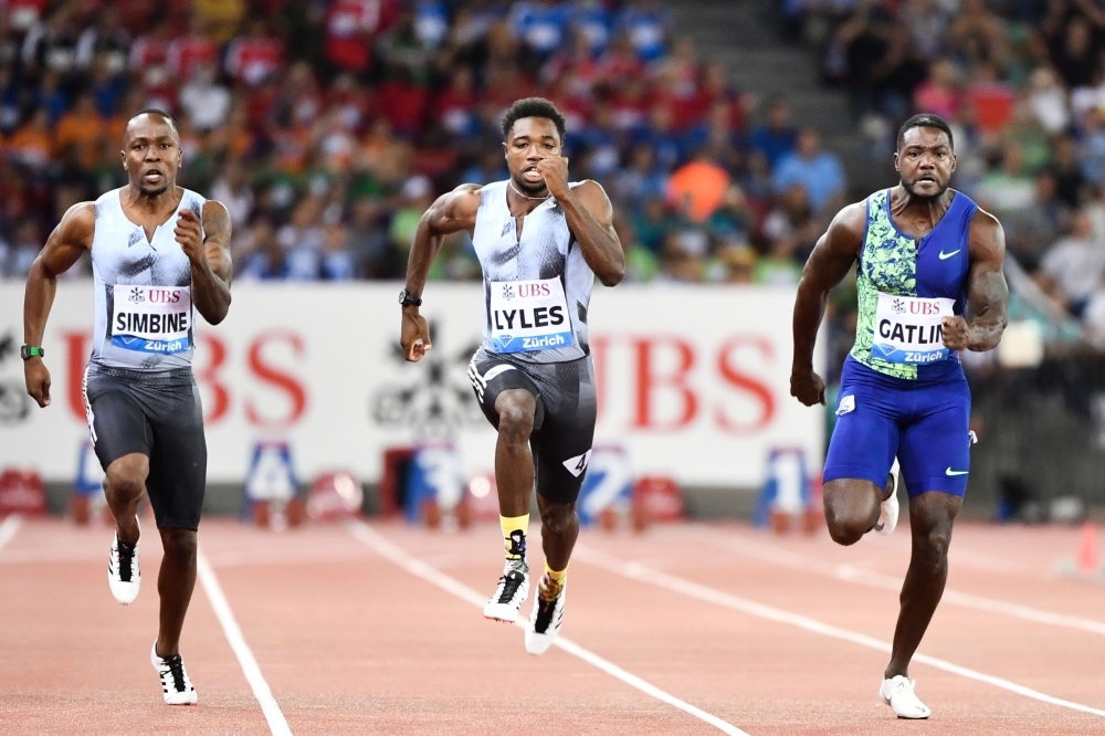 US Noah Lyles competes and wins the Men 100m during the IAAF Diamond League competition on Thursday in Zurich. — AFP