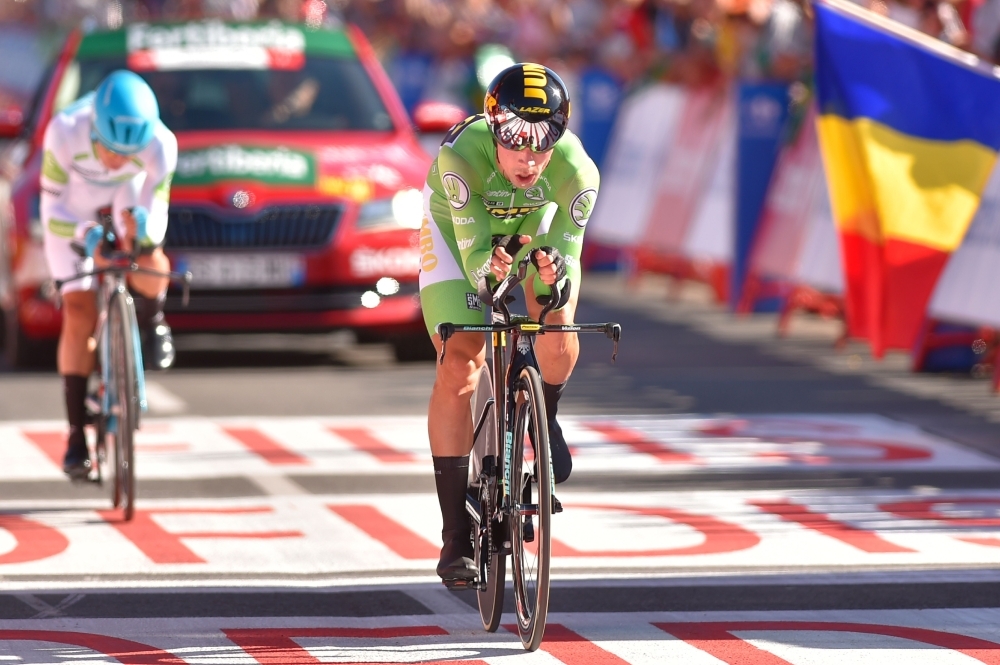 Team Jumbo rider Slovenia's Primoz Roglic crosses the finish line of the tenth stage of the 2019 La Vuelta cycling Tour of Spain, a 36.2 km individual time-trial from Jurancon to Pau in Pau, France, on Tuesday. — AFP