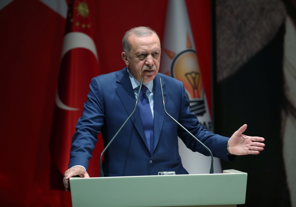 Turkish President Tayyip Erdogan speaks during a meeting of his ruling AK Party in Ankara, Turkey, on Thursday. — Reuters