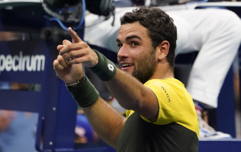 Matteo Berrettini from Italy celebrates his win over Gael Monfils from France during their men's singles auarterfinals match at the 2019 US Open at the USTA Billie Jean King National Tennis Center in New York on Wednesday. — AFP 