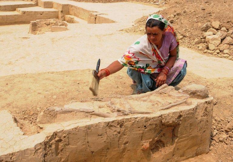 A woman cleans a burial site belonging to the Indus Valley Civilization during an archeological excavation in Baghpat, India in 2018; scientists have sequenced the genome of an individual from the ancient civilization for the first time.
