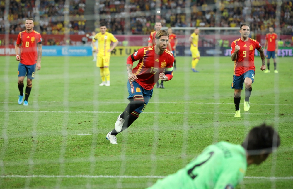 Spain's Sergio Ramos celebrates scoring their first goal against Romania in the Euro 2020 qualifier Group F match at the Arena Nationala, Bucharest, Romania, on Thursday. — Reuters